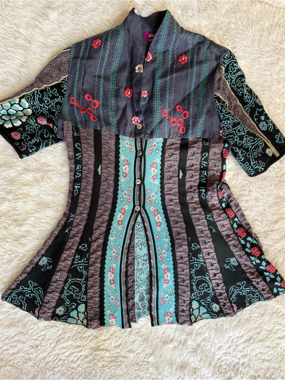 Ivko Linen Cotton Cardigan Sweater Short Sleeve Fit Flare Floral Medium/Large